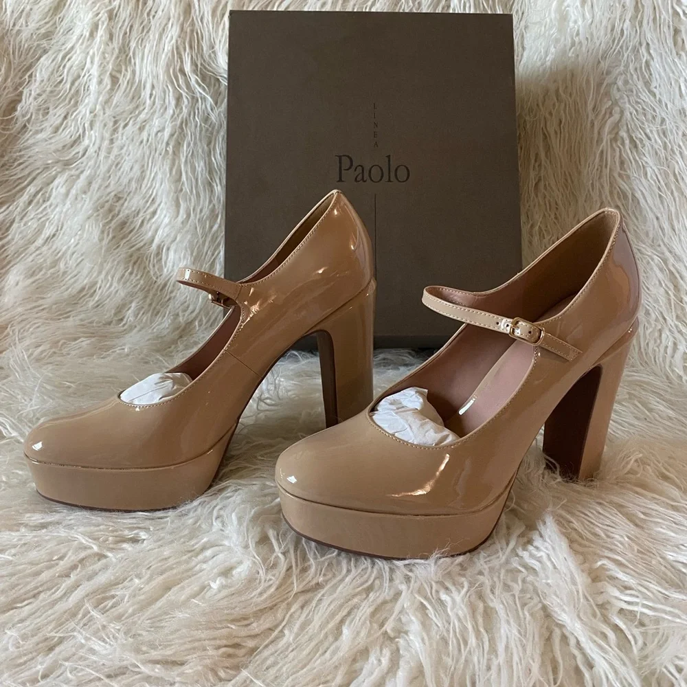 NWT Linea Paolo Isadora Mary Jane Platform Pumps, Maple Sugar Patent, Size 9.5